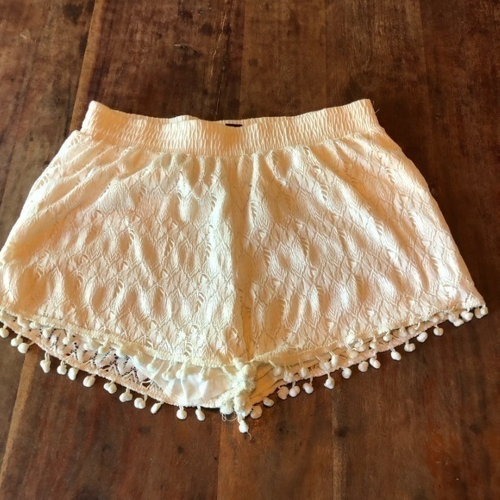 Poof! Lace Cream Colored Shorts with Pompoms on the Hem